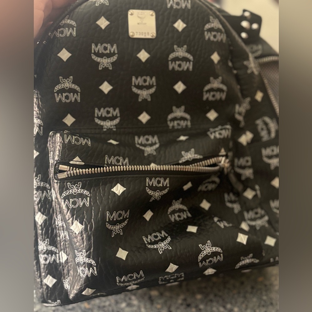 Mcm Black And White Patterned Backpack - image 2